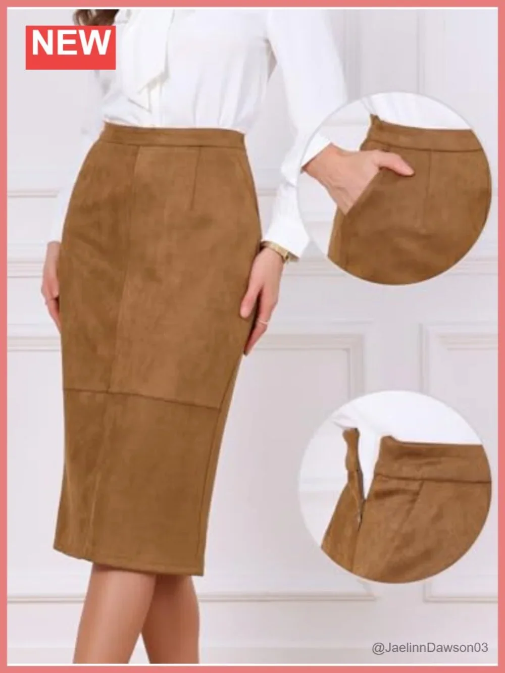 Faux Suede Patchwork Midi Skirt High Waist Pockets Work